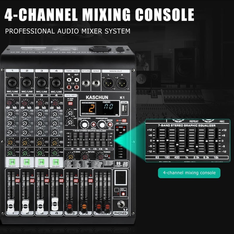 Kaschun 4 Channel Audio Mixer Sound Board Console System with 99 Bit DSP, 48V Phantom Power, Bluetooth - USB MP3 Computer Input - DJ Mixer for DJ Karaoke Studio Streaming Recording - Image 4